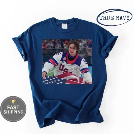 Discover Jack Hughes USA Hockey T-Shirt, American Flag Skate Portrait Tee
