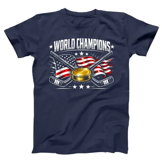 Discover USA World Champions Gold Medal Hockey Champs American Flag T-shirt