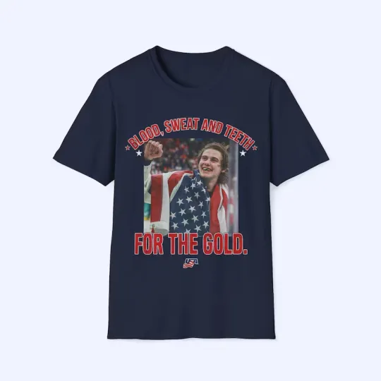 Jack Hughes Bloody Shirt, Blood Sweat and Teeth for the Gold USA Hockey Tee, Oly