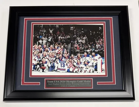 Discover 2026 TEAM USA HOCKEY GOLD WIN OLYMPICS FRAMED 8X10 PHOTO Jack Hughes OT Goal