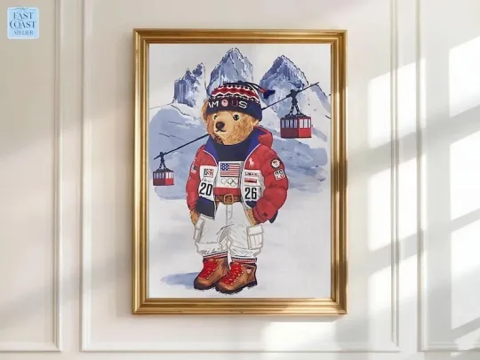Winter Olympics Team USA Bear Print | 2026 Milano | Preppy Ski Bear Poster