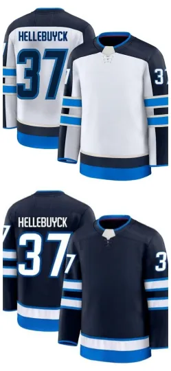 Discover Men's #37 Hellebuyck White / Navy Premium Stitched Hockey Jersey Sz S-6XL