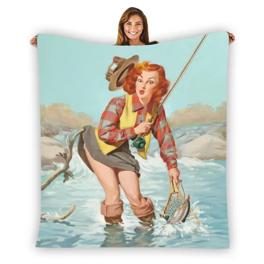 Discover Pin Up Fishing Warm Single-Side Printing Flannel Fleece Blanket