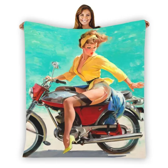Discover Pin Up Sexy Motorcycle Soft Warm Single-Side Printing Flannel Fleece Blanket