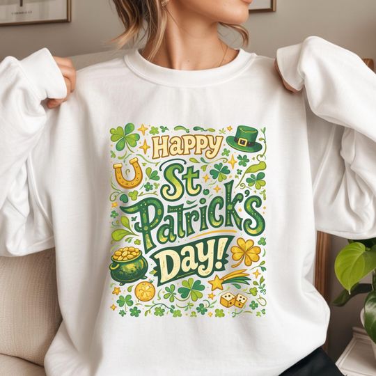 Discover Happy St Patricks Day Sweatshirt, Shamrock Lucky Design, Irish Holiday Pullover