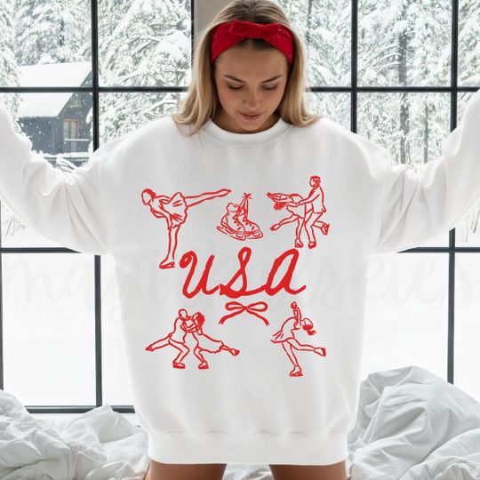 Discover USA Figure Skating Sweatshirt, Coquette 2026 Crewneck, Winter Ice Skating Team Sweater