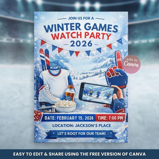 Discover 2026 Winter Sports Watch Party Invite, Olympic Games Invitation, Editable Canva Template 5x7 Digital Instant Download