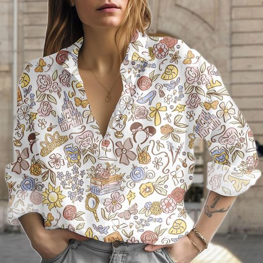 Discover Disney Mickey Mouse Women's Blouse Shirt, Cartoon Print Top, Gift for Disney Fans