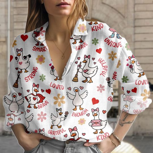 Duck Cartoon Blouse Shirt for Women, Animal Print Top, Cute Goose Button Shirt, Women's Fashion Top