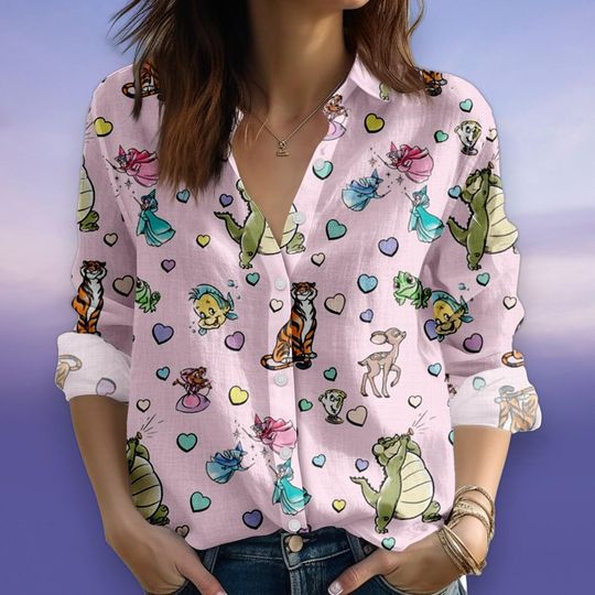 Discover Cartoon Character Button Shirt, Pink Blouse, Cute Women Top, Long Sleeve Casual Shirt, Fun Print Outfit, Gift for Her