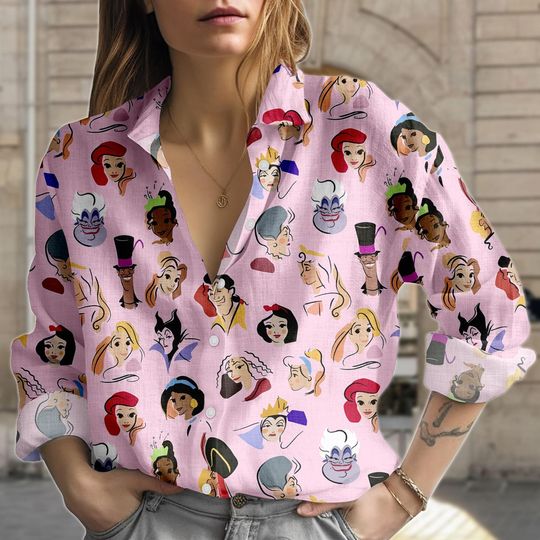 Discover Disney Princess Blouse Shirt, Princess Button Women Shirt, Cartoon Women Top, Women Blouse Top, Disney Trip Outfit, Gift for Disney Fan