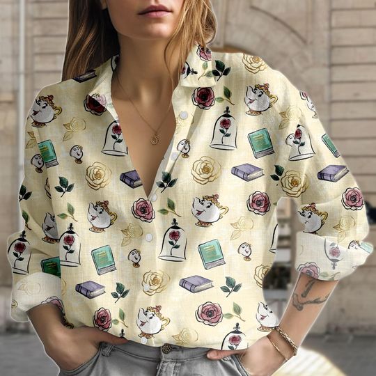 Discover Beauty and the Beast Women's Blouse Disney Button Top Fairy Tale Shirt