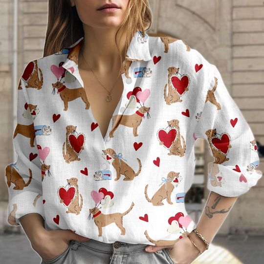 Discover Puppy Heart Pattern Blouse for Women, Valentine's Button Shirt, Dog Lover Gift