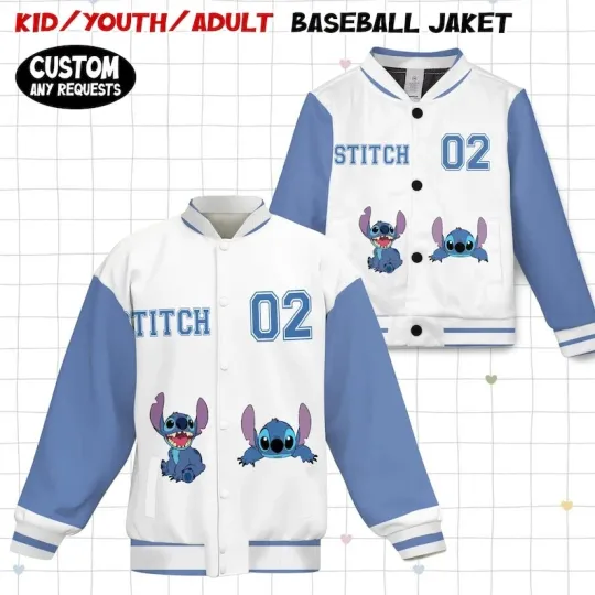 Personalized Stitch Ohana Means Family Lilo & Stitch Blue White Baseball Jacket