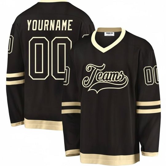 Discover Custom Name - Number Hockey Jersey - Vintage Script Teams Black & Cream Sewn Sweater - Personalized Retro Fan Apparel