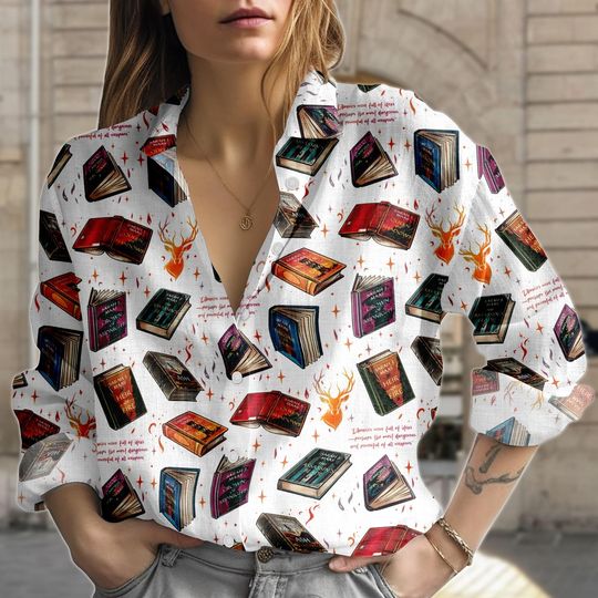 Discover Book Lover Blouse Shirt for Women, Literary Button-Down Top, Reading Enthusiast Women's Top, Gift for Book Nerds