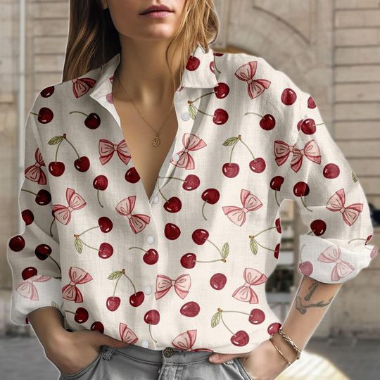 Discover Cherry Blouse Shirt, Cherry Bow Button Women Shirt, Cherry Women Top, Women Blouse Top, Gift for Her