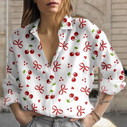 Discover Cherry Blouse Shirt, Cherry Print Button Women Shirt, Cute Women Top, Women Blouse Top, Gift for Her