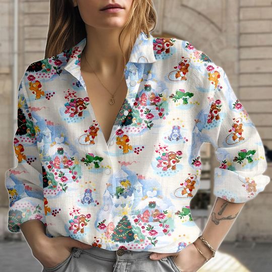 Discover Bear Christmas Button-up Women’s Blouse, Cute Cartoon Top, Gift for Her