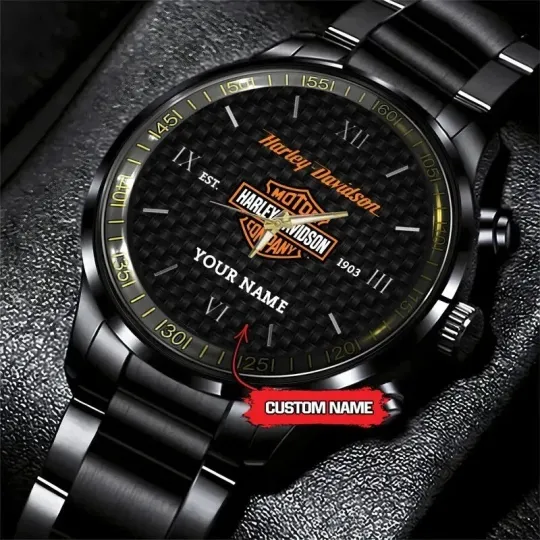 Discover Personalized Harley Racing Davidsonn Motor Men Black Stainless Steel Watch Gift