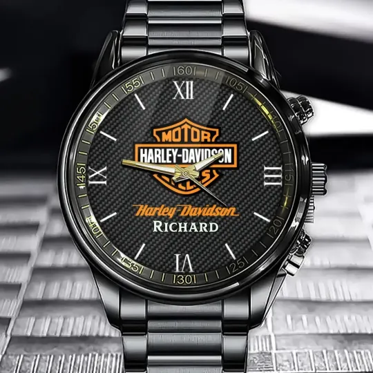 Discover Personalized Harley Racing Davidsonn Motor Men Black Stainless Steel Watch Gift