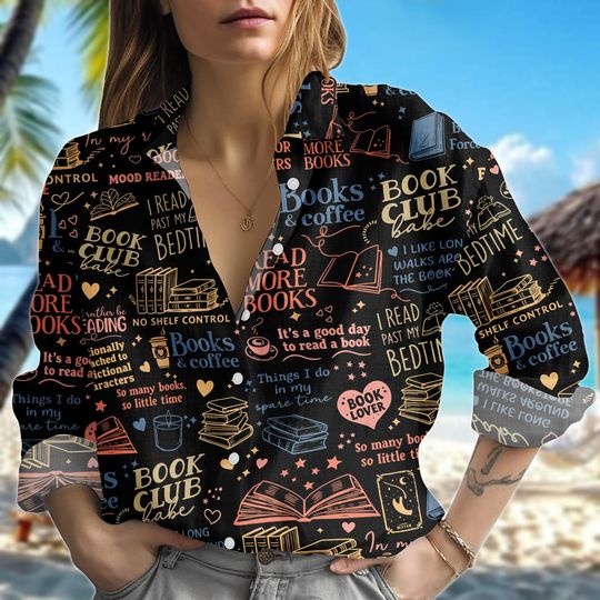 Discover Book & Coffee Blouse Shirt for Women, Book Club Button Top, Bibliophile Women's Blouse, Gift for Bookworm