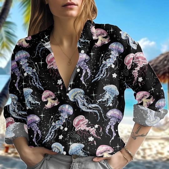 Discover Jellyfish Blouse Shirt, Ocean Life Button Women’s Top, Sea Creature Women’s Blouse