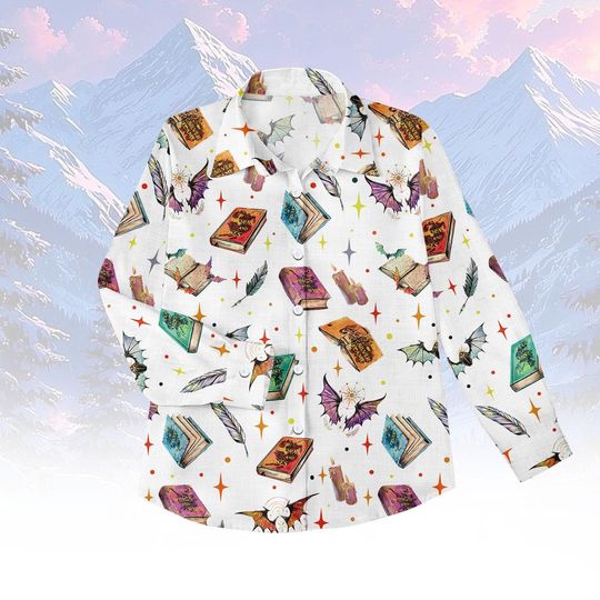 Discover Dragon Lover Women's Blouse, Fantasy Book Button-Up Shirt, Long Sleeve Multi-Color Top, Bookish Women's Fashion