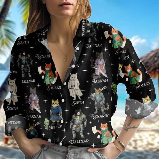 Discover Fantasy Cat Blouse Shirt, Paladin Button Women Shirt, Warrior Cat Women Top, Women Blouse Top, Gift for Book Fans