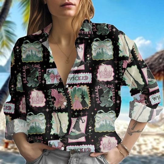 Wizard Musical Blouse Shirt for Women, Witch Button Top, Wicked Play Short Sleeve Blouse, Gift for Her