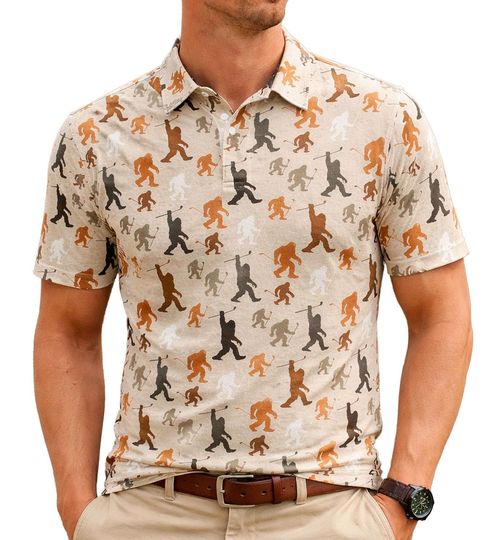 Discover Bigfoot Sasquatch Pattern Polo Shirt, Outdoor Casual Top, Unisex Fit, Gift for Men & Women
