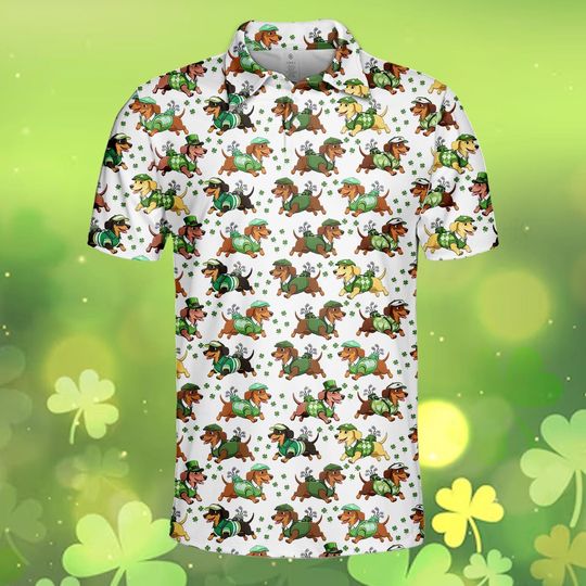 Discover Funny Golf Dog Polo Shirt, St Patrick Dachshund Polo, Shamrock Dog Print, Unisex Polo Shirt, Gift For Golf Lovers