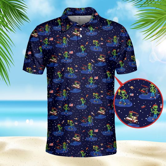 Discover Funny Alien Polo Shirt Men Women, UFO Galaxy Polo, Patriotic Space Alien Pattern Polo Shirt Button Up, Casual Golf Polo