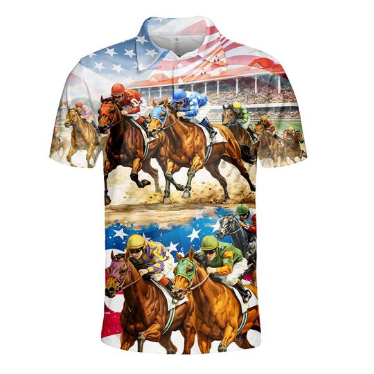 Horse Racing Polo Shirt for Men and Women with USA Flag Design, Derby Button-Up, Racing Fan Gift