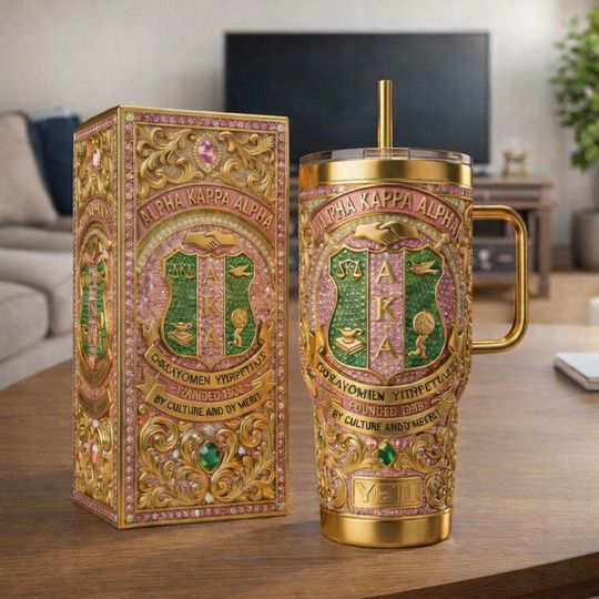 Alpha Kappa Alpha Sorority Tumbler With Handle & Straw, AKA Pink and Green Stainless Steel Cup, Sorority Gift for AKA Sister