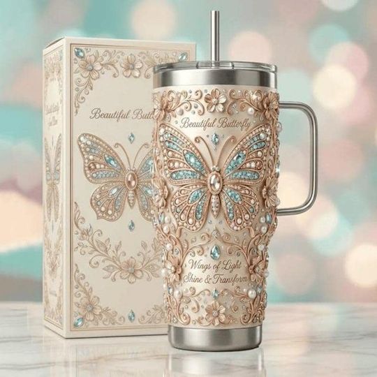 Discover Beautiful Butterfly Stainless Steel Tumbler with Handle, Elegant Butterfly Cup, Inspirational Gift for Her
