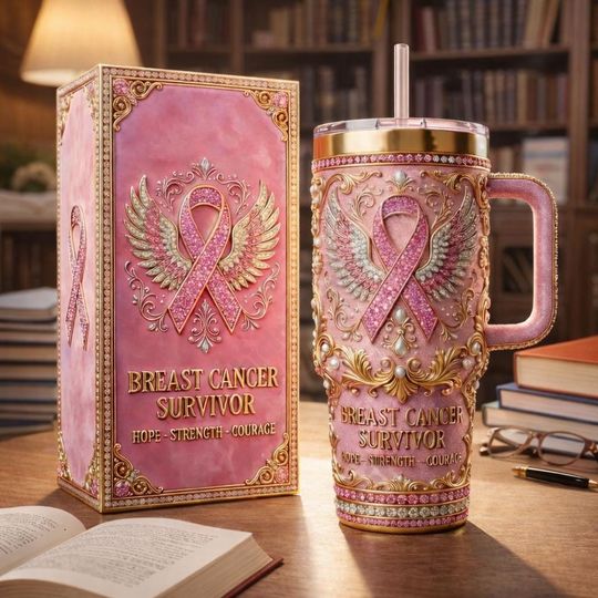 Discover Breast Cancer Survivor Tumbler With Handle & Straw, Pink Ribbon Awareness Stainless Steel Cup, Inspirational Survivor Gift, Hope Strength