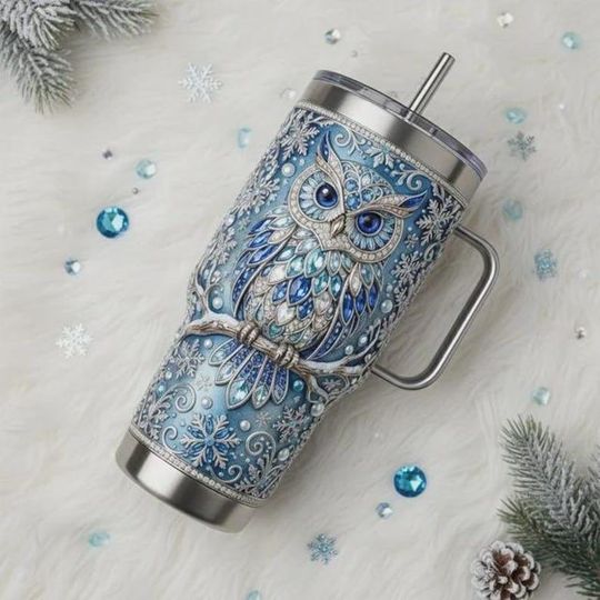 Discover Winter Owl Stainless Steel Tumbler with Handle, Blue Snow Owl Mug, Cozy Winter Gift Cup