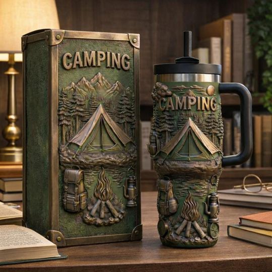 Discover Camping Themed Tumbler With Handle & Straw, Outdoor Adventure Stainless Steel Cup, 3D Camping Art Tumbler, Gift for Camper, Hiking Camping