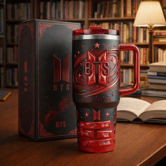 Discover Red Kpop Fan Inspired Tumbler With Handle & Straw, Dark Galaxy Stainless Steel Cup, Army Inspired Gift, World Tour Style Travel Mug