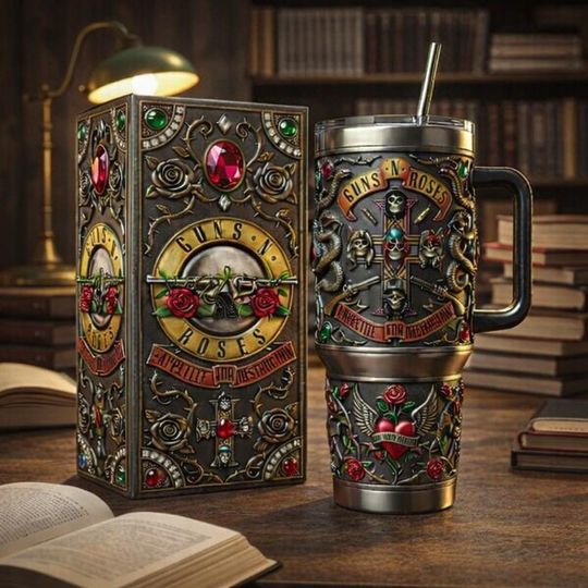 Discover Vintage Rock Skull Rose Tumbler With Handle & Straw, Gothic Heavy Metal Style Stainless Steel Mug, Rock Music Fan Gift,Dark Fantasy Tumbler