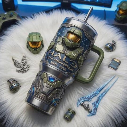 Discover Halo 25th Anniversary Stainless Steel Tumbler with Handle, Master Chief Insulated Cup, Halo Game Fan Gift 20012026