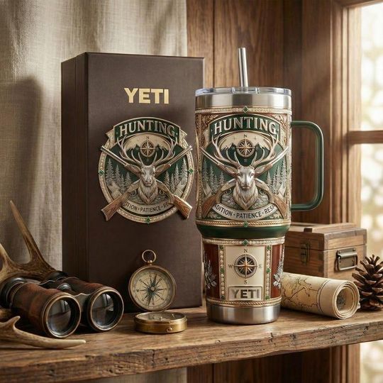 Discover 40oz Hunting Tumbler With Handle, Deer Hunter 3D Printed Stainless Steel Mug, Insulated Outdoor Hunting Gift
