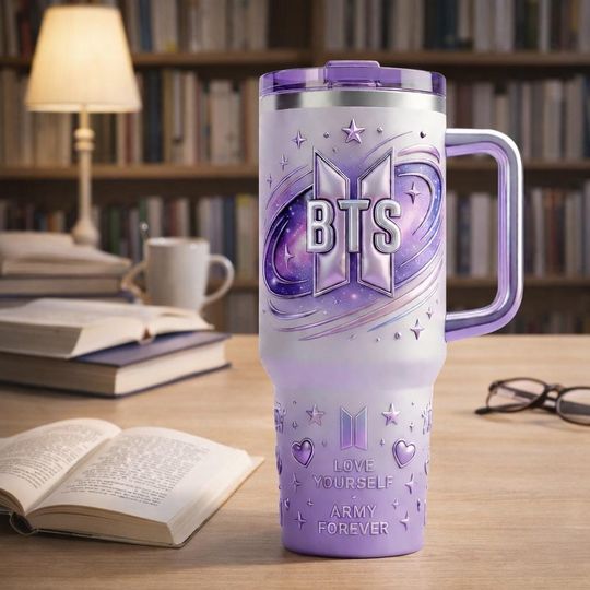 Discover Purple Kpop Fan Inspired Tumbler With Handle & Straw, Galaxy Lavender Stainless Steel Cup,Inspired Gift, Love Yourself Quote Travel Mug