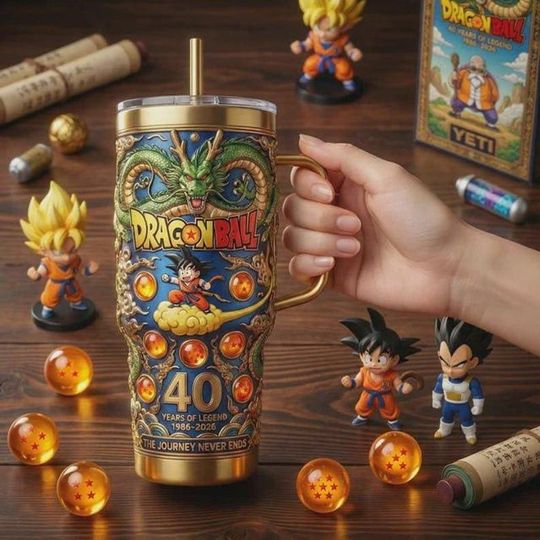 Dragon Ball 40 Years of Legend Stainless Steel Tumbler with Handle, Anime Collector Cup, Dragon Ball Fan Gift