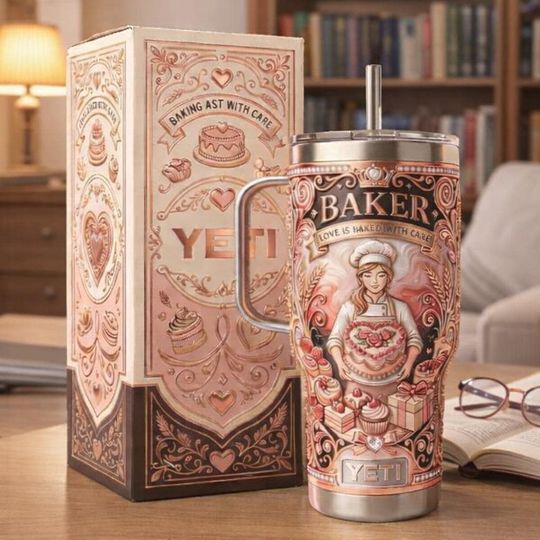 Discover Baker Themed Tumbler With Handle & Straw, Vintage Baking Art Stainless Steel Cup, Cute Baker Gift, Baking Lover Gift, Kitchen Drinkware