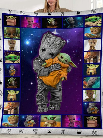 Discover Groot Hug Baby Yoda Guardian Of The Galaxy Movie Quilt Blanket, Baby Yoda Quilt Blanket, Christmas Gift