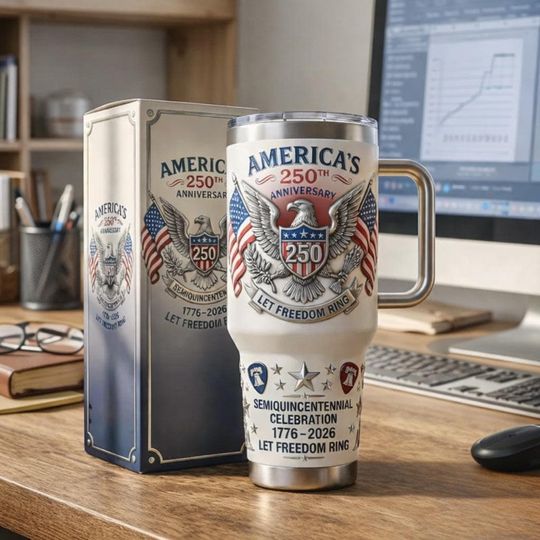 Discover America 250th Anniversary 40oz Tumbler With Handle, 17762026 Patriotic Eagle Mug, Semiquincentennial Celebration Gift, Let Freedom Ring Cup