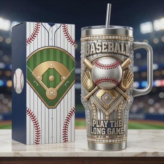 Discover Baseball Tumbler with Handle, Play the Long Game Stainless Steel Insulated Travel Cup, Baseball Fan Gift, Sports Drinkware