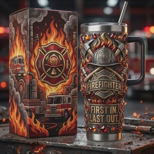 Discover Firefighter Stainless Steel Tumbler with Handle, First In Last Out Firefighter Mug, Firefighter Gift